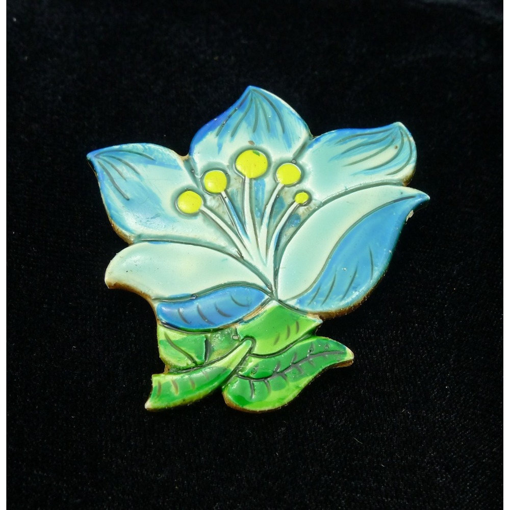 Vintage Brooch/West Germany /Hand-painted Resin Blue Flower/1950s